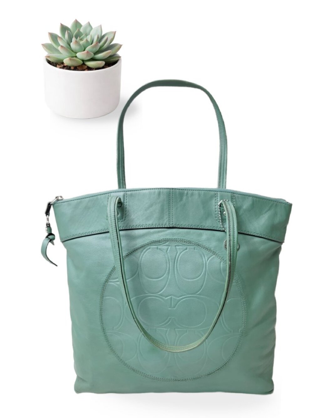 Coach Laura Signature Embossed Leather Tote Seafoam Green Shoulder Bag F18336